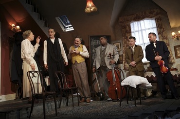 Left-right: Mrs Wilberforce (Marcia Warren), Professor Marcus (Peter Capaldi), Major Courtney (James Fleet), One Round (Clive Rowe), Harry Robinson (Stephen Wight) and Louis Harvey (Ben Miller)