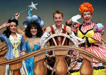 Kathryn Rooney, Lesley Joseph, Brian Conley and Andrew Ryan in Robinson Crusoe and the Caribbean Pirates at the Birmingham Hippodrome
