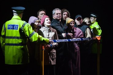 London Road.L to R: Rosalie Craig, Hal Fowler, Nicola Sloane, Howard Ward, Paul Thornley, Claire Moore, Nick Holder, Kate Fleetwood, Michael Shaeffer. Credit: Helen Warner